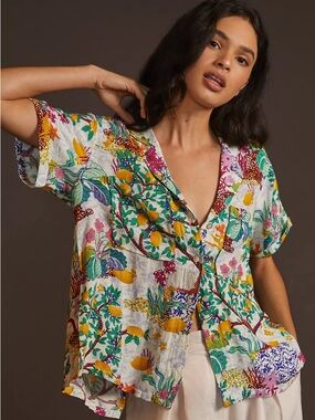 Maeve Surf Shirt Linen Blend Novelty Lemon Botanical Print Button Down Size SP
